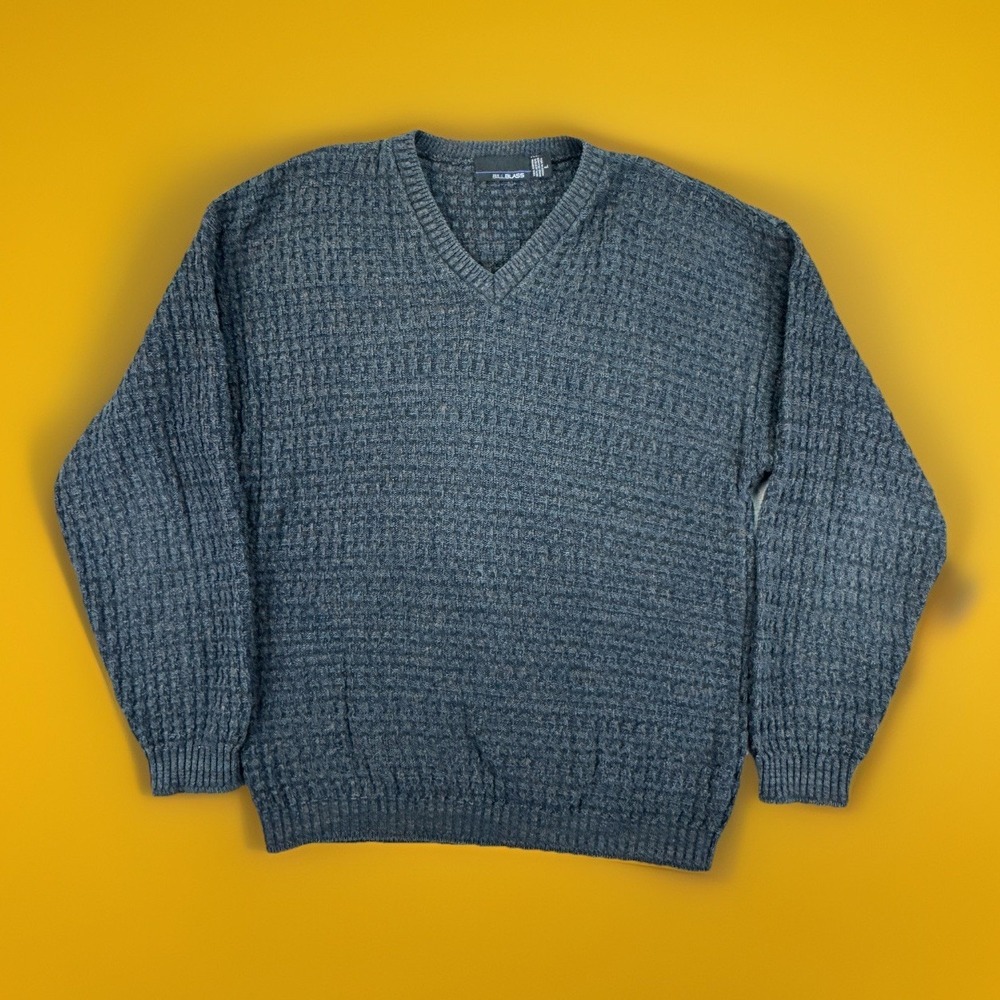 Vintage Bill Blass Sweater USA Large Gray V Neck Textured Knit 90s Grandpa‎ Core